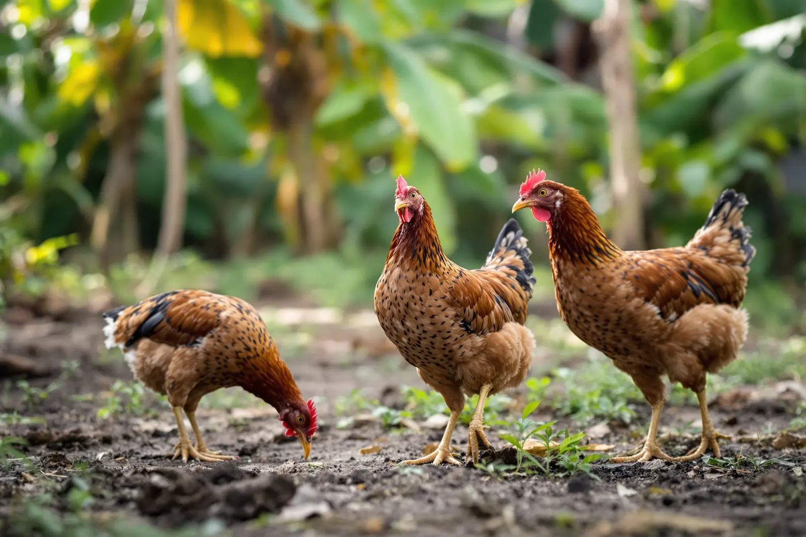 Three native hens foraging on bare soil