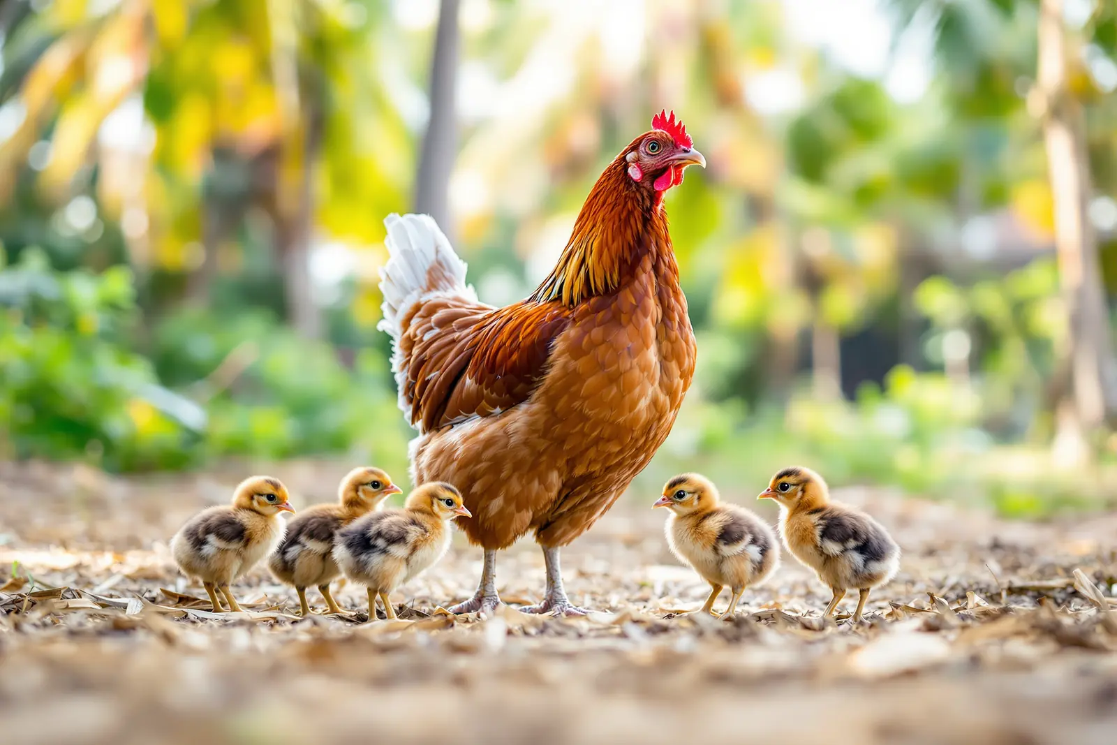 Native hen with her chicks on dry leaves