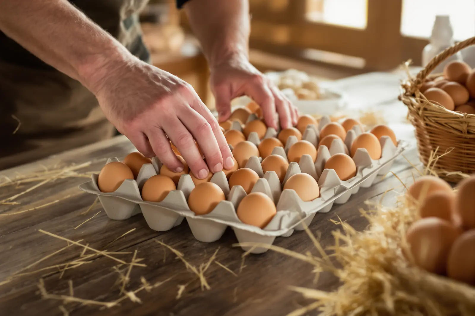 Hands placing brown eggs into a paper egg tray
