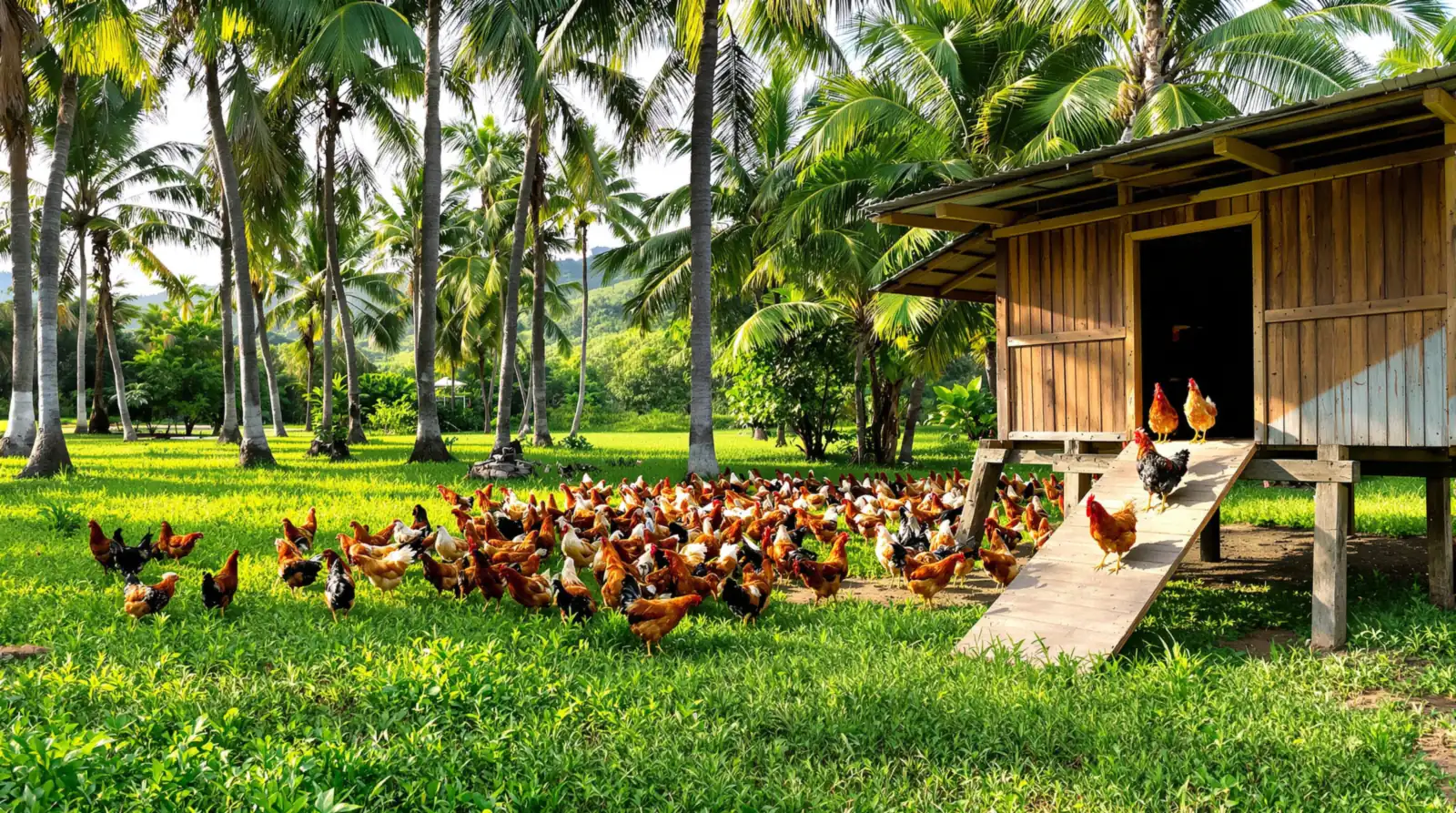 Free-range native chickens foraging under coconut palms, hens walking up the ramp of a raised wooden chicken house